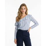 Bluenotes Women's Off The Shoulder 3/4 Sleeve Top Size Medium Blue White Striped
