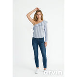 Bluenotes Women's Off The Shoulder 3/4 Sleeve Top Size Medium Blue White Striped
