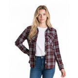 JOE FRESH Women's Button Up Shirt Size Small Burgundy Plaid Long Sleeve Cotton