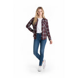 JOE FRESH Women's Button Up Shirt Size Small Burgundy Plaid Long Sleeve Cotton