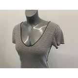 Vox Populi Women's T Shirt Size Medium Black White Striped Short Sleeve Deep V