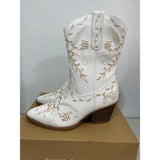 ANJOUFEMME Women's 8 Cowboy Boots White Embroidered Upper Medium Height NEW