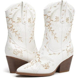 ANJOUFEMME Women's 8 Cowboy Boots White Embroidered Upper Medium Height NEW