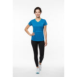 Champion V Neck Athletic Shirt Women's Size Medium Blue Striped Short Sleeve Polyester Top