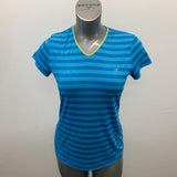 Champion V Neck Athletic Shirt Women's Size Medium Blue Striped Short Sleeve Polyester Top