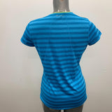 Champion V Neck Athletic Shirt Women's Size Medium Blue Striped Short Sleeve Polyester Top