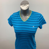 Champion V Neck Athletic Shirt Women's Size Medium Blue Striped Short Sleeve Polyester Top