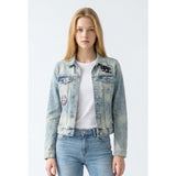 Plory Denim Jacket Women’s Size 165 (8 US) Long Sleeve Distressed Button Up