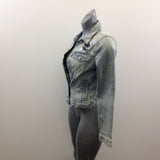Plory Denim Jacket Women’s Size 165 (8 US) Long Sleeve Distressed Button Up