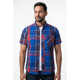 Cherokee Blue Red Short Sleeve Men's Button Down Cotton Casual Shirt Size Medium