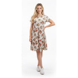 Pink Martini Women's Floral A Line Dress Size Medium Cap Sleeves Back Zip Pleated Waist