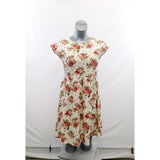 Pink Martini Women's Floral A Line Dress Size Medium Cap Sleeves Back Zip Pleated Waist