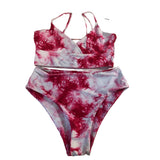 Doris Women's Large 2 Piece Bikini Swimsuit Red White Print High Waist NWT