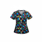Women's Medical Scrub Women's Small V Neck Short Sleeve Multicolored Patterned