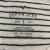 American Eagle Long Sleeve T Shirt Women's Size XS Beige Blue Striped V Neck Sof