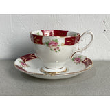 Royal Albert Crown China Teacup Saucer Set Maroon Floral  Bone China England