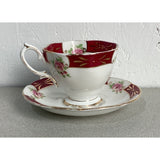 Royal Albert Crown China Teacup Saucer Set Maroon Floral  Bone China England
