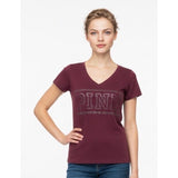 PINK Victoria's Secret Women's V Neck T Shirt Size Small Burgundy Cotton Blend Tee