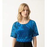 Pretty Women's Blue Lace Overlay Top Size medium Short Sleeve Polyester Blend
