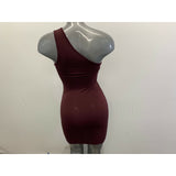 One Shoulder Bodycon Dress Burgundy Size Women's Small Polyester Spandex
