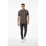 London Fog Men's Black Gray Striped Short Sleeve Button Up Casual Shirt Size L