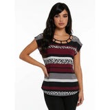 Ricki's Women's Sleeveless Blouse Large Cutout Yoke Burgundy Black Striped Print Top