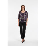Lindor Petite Blouse Women's Size 12 Purple Black 3/4 Sleeve Front Tie