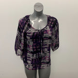 Lindor Petite Blouse Women's Size 12 Purple Black 3/4 Sleeve Front Tie