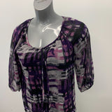 Lindor Petite Blouse Women's Size 12 Purple Black 3/4 Sleeve Front Tie