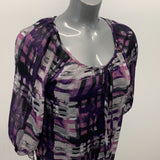 Lindor Petite Blouse Women's Size 12 Purple Black 3/4 Sleeve Front Tie