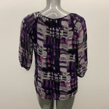 Lindor Petite Blouse Women's Size 12 Purple Black 3/4 Sleeve Front Tie