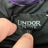 Lindor Petite Blouse Women's Size 12 Purple Black 3/4 Sleeve Front Tie