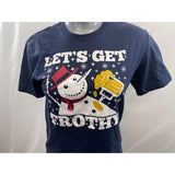 Women's Blue Let's Get Frothy Snowman Drinking Beer Holiday Festive T-Shirt Size Medium Cotton