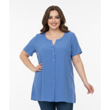 Pennigtons Women's Blouse Size 2X Blue Polyester Button Up V Neck Cap Sleeve Top