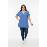 Pennigtons Women's Blouse Size 2X Blue Polyester Button Up V Neck Cap Sleeve Top
