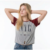 Ardene Women's Grey New York City Bronx Queens Red Short Sleeved Tee with Front Tie Size Medium Polyester Blend