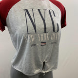 Ardene Women's Grey New York City Bronx Queens Red Short Sleeved Tee with Front Tie Size Medium Polyester Blend