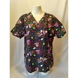 Halloween Theme Women's Black Short Sleeve Scrub Top Ghost, Pumpkins Size M.