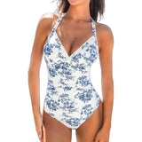 CUPSHE One Piece Swimsuit V Neck Halter Straps Toile Print Small NWT