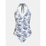CUPSHE One Piece Swimsuit V Neck Halter Straps Toile Print Small NWT
