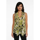 Alfani Women's Sheer Blouse Size 12 White Green Black Patterned V Neck Sleeveles