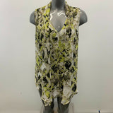 Alfani Women's Sheer Blouse Size 12 White Green Black Patterned V Neck Sleeveles
