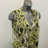 Alfani Women's Sheer Blouse Size 12 White Green Black Patterned V Neck Sleeveles