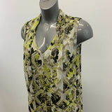 Alfani Women's Sheer Blouse Size 12 White Green Black Patterned V Neck Sleeveles