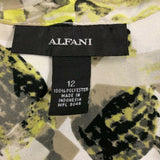 Alfani Women's Sheer Blouse Size 12 White Green Black Patterned V Neck Sleeveles
