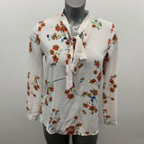 Forever 21 Women's Blouse Medium White Floral tie neck Polyester
