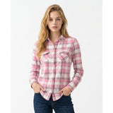 Ardene Women's Small Long Sleeve Pink White Plaid Button Up Polyester Shirt