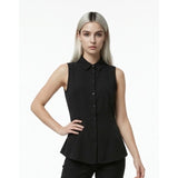 Women's Black Sheer Black Sleeveless Puplum Top Size XS Button Up Collar Blouse