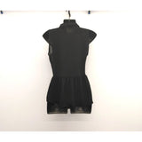 Women's Black Sheer Black Sleeveless Puplum Top Size XS Button Up Collar Blouse