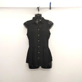 Women's Black Sheer Black Sleeveless Puplum Top Size XS Button Up Collar Blouse